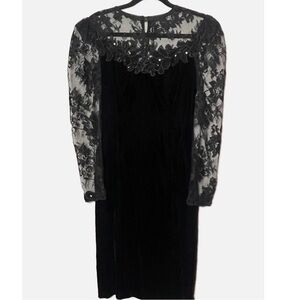 Vtg Scott McClintock black lace goth velvet dark fairy witchy midi dress size 6